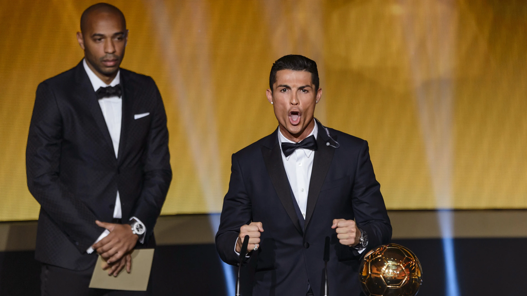 Cristiano Ronaldo celebrates Manchester United’s 2008 Champions League triumph during his historic Ballon d’Or-winning season.
