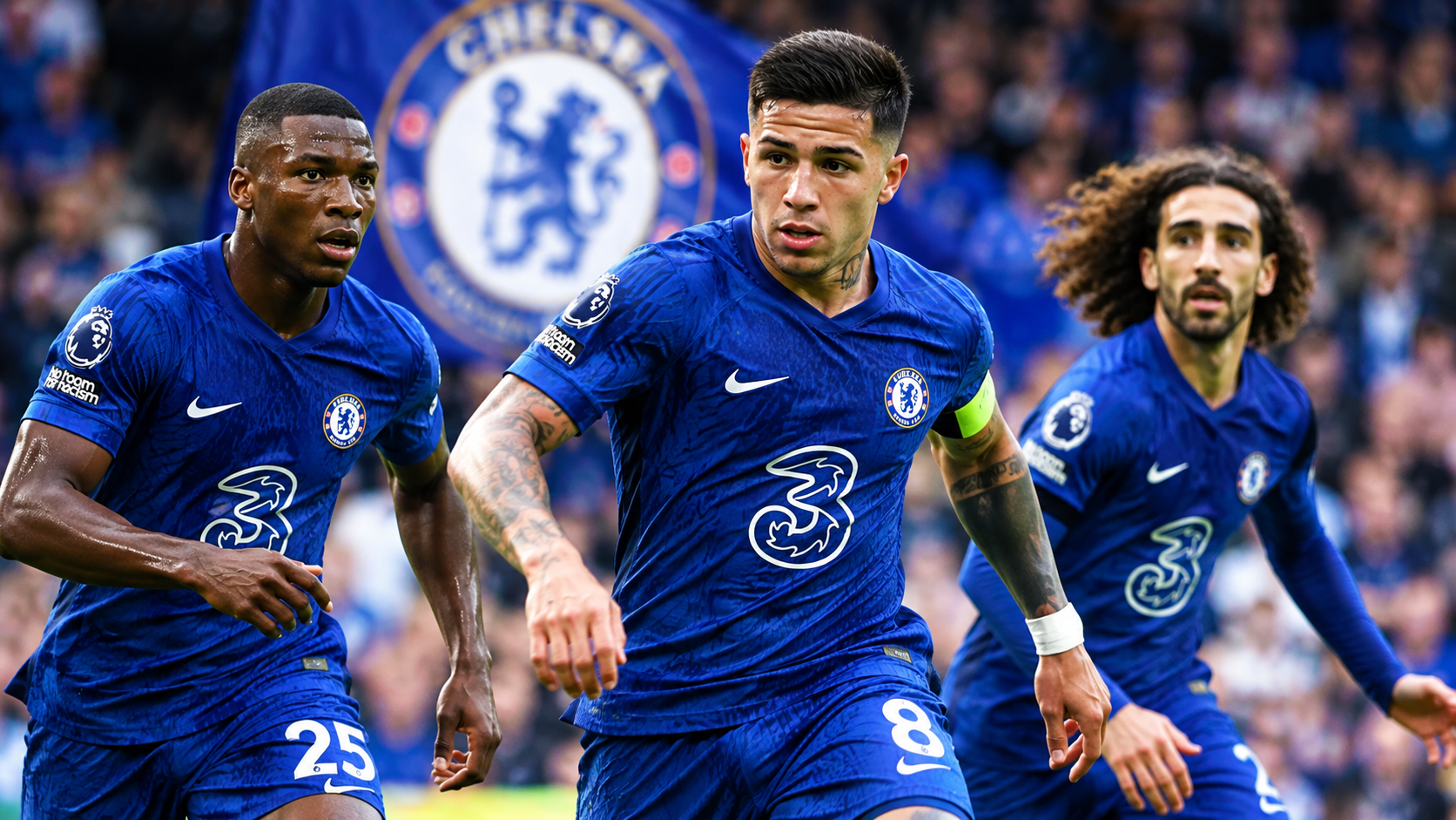 Chelsea midfielders competing for possession during a Premier League football match.
